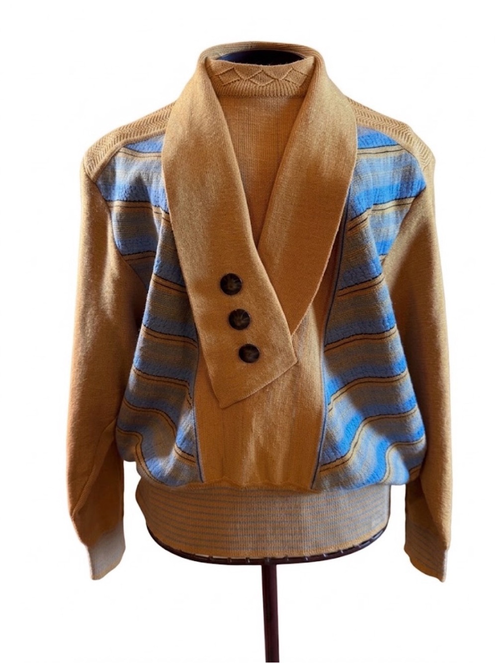 Vintage 100% Wool Shawl Collar Cardigan Sweater Camel Gold Blue Stripe 70s 80s